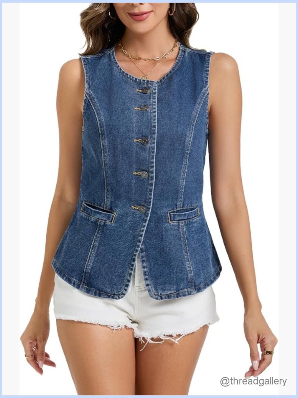 Sleeveless Denim Blazer Vest Top Women Button Down Crewneck Waistcoat